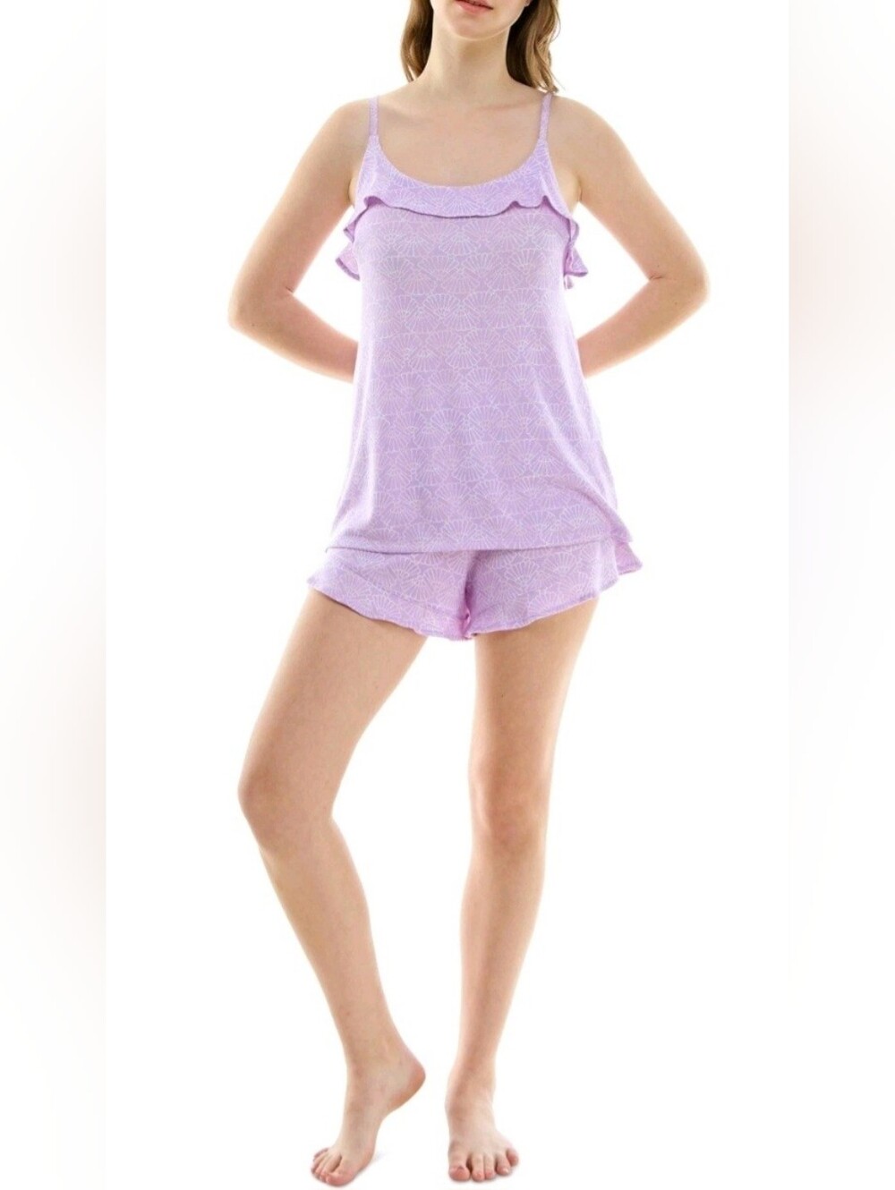 Roudelain Lavender Shell Print Ruffle-Trim Cami & Short Pajama Set -Small